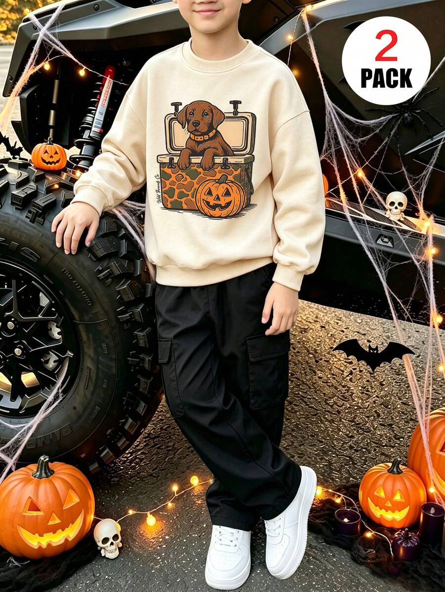 Kostum Halloween Anak Laki-Laki, Termasuk Kaos Lengan Panjang Berkerah Bulat Bermotif Anak Anjing dan Celana Kargo, Set Kasual Lembut dan Nyaman - MultiWarna - View 1