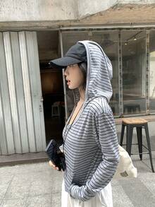 Women's Slouchy Striped Zipper Long Sleeve Hooded Cover Up Jacket, Short Length Sun Protection Cover-Up Top - Grey - View 3