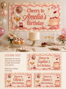 Customized Birthday Banner Personalized Polyester Fabric Backdrop Wall, Customizable Text & Name Sign, Celebrating Birthday Brunch Pajama Party, Pink & Brown Wavy Edge Wall Decor, Suitable For Dessert Table Photo Booth Garden Celebration, Creative Gift For Adult Women - Multicolor 1 - View 7
