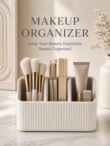 Luxury PU Leather Storage Box | Cream White + Gold Plated | Vanity Organizer With 3 Compartments For Makeup Brushes | Desktop Skincare And Cosmetics Organization Essential - View 1