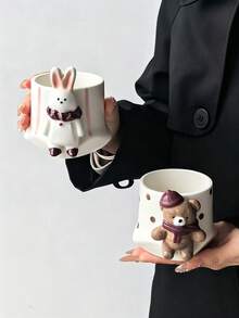 1pc Sunny Garden 3D Bear/Rabbit Hand-Held Mug, Luxury Exquisite Handmade Art Mug, Couple Cup, Creative Design Coffee Cup, Unisex Cup, Fun Cup, Perfect Gift - Multicolor - View 7