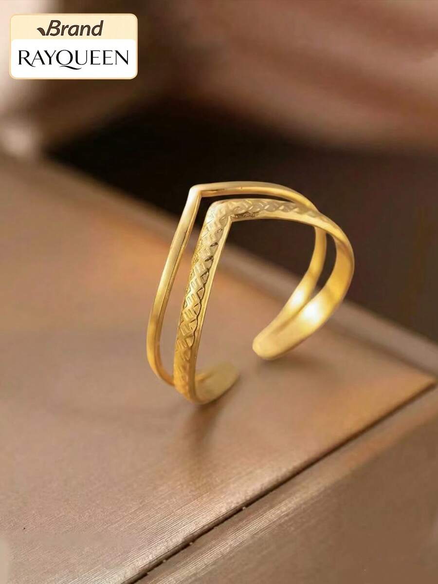 RAYQUEEN 1pc Stainless Steel 18K Gold Plated Elegant Geometric Oval Line Open Ring, Suitable For Women's Daily Wear - Gold - View 1
