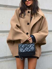 Vuslat Women's Autumn/Winter Elegant Camel Short Overcoat, Loose Batwing Sleeve Wool Jacket, Suitable For Daily Commute, Street Style, Store Visit, Christmas - Camel - View 3