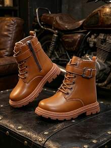 1 Pair Brown Short Boots, Metal Buckle Decor + Soft PU Fabric, Round Toe Elastic Sole, Front Lace-Up + Inner Zipper Motorcycle Boots, Suitable For Men And Girl Campus Wear, Daily, Holiday, Vacation, Outdoor - Brown - View 3