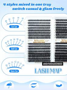 RITALASH RITA 2560/640pcs Eyelash Cluster Set 20D+30D+40D+50D+60D+80D+W05+W06+W02+W04 Thickened Cluster Eyelash Extensions 10-16mm Single Cluster Eyelash Extensions DIY Home Eyelash Extensions With Adhesive, Sealer And Tweezers - Black - View 8