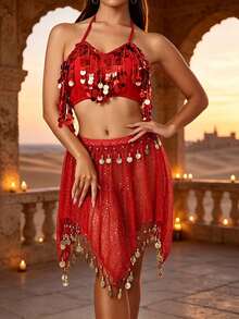Áo cổ yếm đính sequin tua rua nhiều lớp, lưới lấp lánh, đính đồng xu vàng treo, chân váy khiêu vũ bất đối xứng, trang phục chụp ảnh du lịch sa mạc lễ hội phương Đông, tiệc hóa trang (có nhiều màu) - Nhiều màu - Xem 11