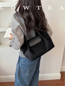 low tea 1pc Pleated Dumpling Bucket Shoulder Bag, Suede Fabric, Suitable For Commuting, Shopping And More - Black - View 6