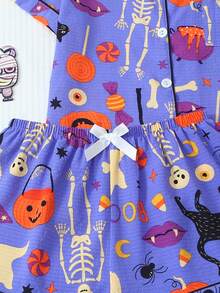2pcs/Set Halloween Pumpkin Skull Cat Short Sleeve Collared Top And Bowknot Shorts Women's Pajama Set - Blue - View 6