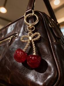 1pc Gold Glitter Cherry Twisted Rope Bow Keychain Pendant, Y2K Sweet Red Resin Fruit Key Ring Bag Charm, Suitable For Car Key Accessories, Birthday Holiday Gift For Girlfriend, Best Friend, Small Gift - Multicolor - View 3