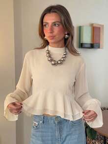 Stand Collar Flared Sleeve Ruffle Hem Crop Top, Elegant Solid Color Layered Ruffle Short Blouse - Apricot - View 11