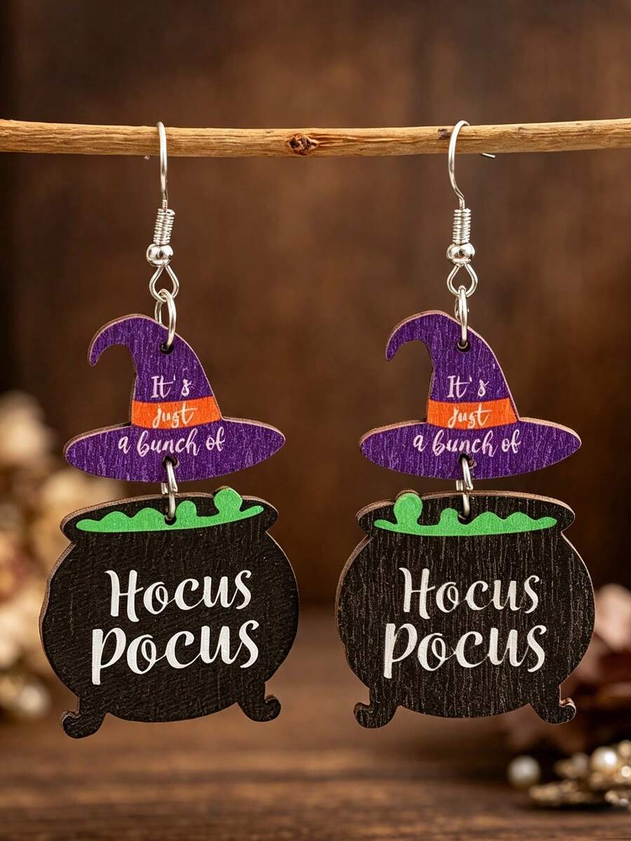 1 Pair European & American Vintage Double-Layer Wooden Earrings, Halloween Witch Hat & Magic Cauldron Fun Text Earrings - Black - View 1