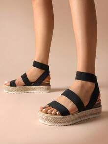 Womens Open Toe Espadrilles Dressy Platform Sandals Slip On Elastic Ankle Strap Wedges Sandals - Black - View 3