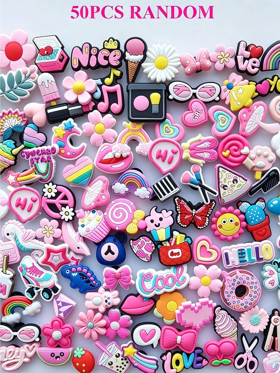 Random 10-200pcs Pink Series DIY Shoe Charms, Suitable For Keychains, Sandals, Beach Bags, PVC Material, Fit Clogs And Other Shoe Styles, High-Quality Popular Decorative Accessories, Perfect Gift For Christmas, Birthday, Party And Other Occasions - Cute Cartoon Random - View 1