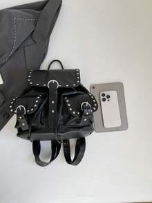Dedoo Mochila con solapa y cordón, unicolor con ribete de remaches, bolsillos dobles, gran capacidad, mochila escolar, campus universitario, mochila diaria de estudiante estilo retro punk - Negro - Ver 10