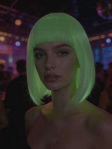 Glow In The Dark Short Bob Wig With Straight Bangs, Fluorescent Green Synthetic Straight Hair Wig, Luminous Wig Under Black Light For Halloween Nightclub Themed Party Cosplay Photo Styling - Multicolor - View 2