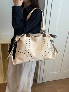 Fashion Solid Color Large Capacity Commuter Practical Handbag, Elegant Versatile Rivet Inlaid Textured Women's Shoulder Bag, Suitable For Shopping, Wallet, Shopping, Young Women, College Students, Newcomers, White-Collar Workers. They Are Perfect For Office, University, Work, Business, Commuting, Outdoor Activities, Travel And Outings - Beige - View 3