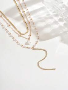 1 Pc Gentle Socialite 3 Layered Necklace, Sparkling Rhinestone Chain With Teardrop Pearl Pendant Y Long Choker, Women Dating Party Accessories - White - View 2