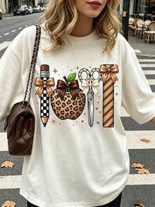 Back To School Teacher T-Shirt Leopard Teacher Apple School Supplies Checkered Polka Dot Pencil Scissors Ruler Bow Graphic Fall For Casual Summer - Multicolor - View 4