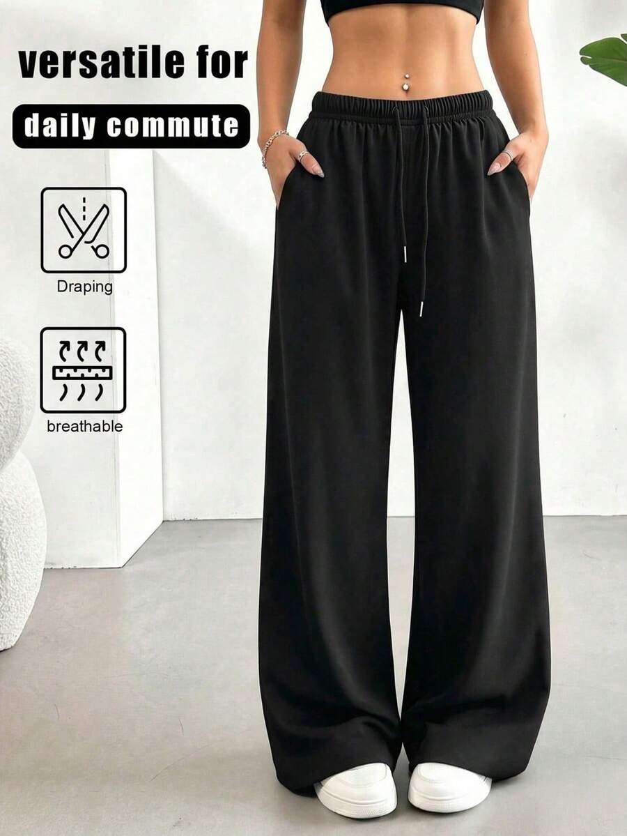 Celana Panjang Wanita Model Flare Warna Hitam Bahan Polyester, Elastisitas Sedang, Cocok untuk Kenyamanan Sehari-hari. - Hitam - View 1