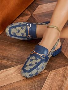 Women's Fashion Slingback Round Toe Metal Buckle Back Strap Flat Shoes Low Chunky Heel Comfortable Blue Open Back Pumps For Commute, Party, Holiday, Vacation - Blue - View 5