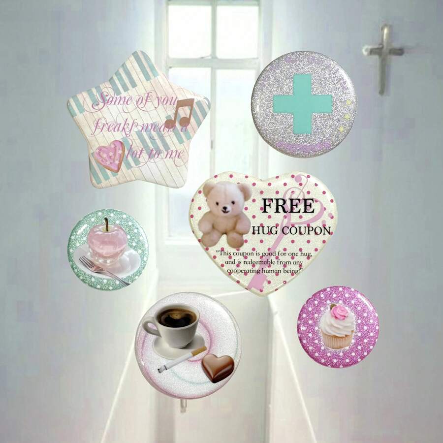 6pcs Coquette Style Cute Bear Cake Coffee Heart Star Glitter Brooch Pins, Vintage Pattern Decorative Brooches, Suitable For Backpack And Clothing Decoration - A - View 1