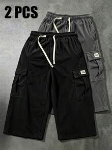 2Pcs Men's 2-Pack Corduroy 3/4 Shorts, Street Style Cargo Shorts, Side Pockets & Brand Label, Loose Fit, Suitable For Urban & Weekend Sports Fall - Multicolor - View 1