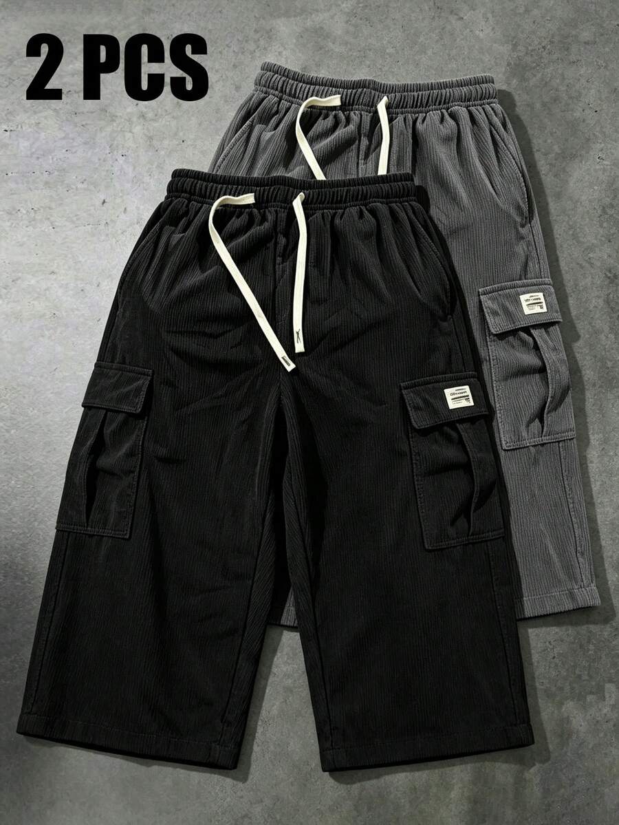 2Pcs Men's 2-Pack Corduroy 3/4 Shorts, Street Style Cargo Shorts, Side Pockets & Brand Label, Loose Fit, Suitable For Urban & Weekend Sports Fall - Multicolor - View 1