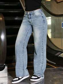 Teenagers Girls' Casual Solid Color Versatile Jeans - Blue - View 6