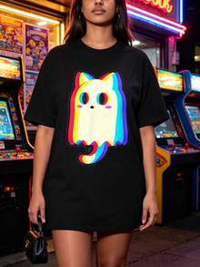 1 T-Shirt à Manches Courtes Avec Col Rond Et Imprimé Graphique De Chat Fantôme Arc-En-Ciel, 100% Coton. - 黑色 - 查看 1