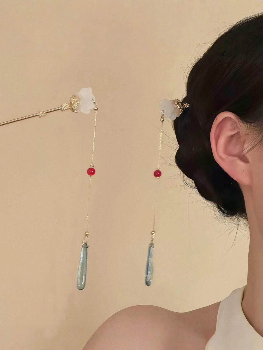 1pc Women New Style Elegant Fringed Hairpin With Flower-Shaped Beads And Fringed Hairdo Hairpin, Headwear Accessory, Hair Decoration - Multicolor - View 1