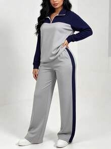 Women's Casual Set, Collared Loose Top And Wide Leg Pants 2 Pieces Outfit, Autumn/Winter Spring Elegant - Space Gray - View 4