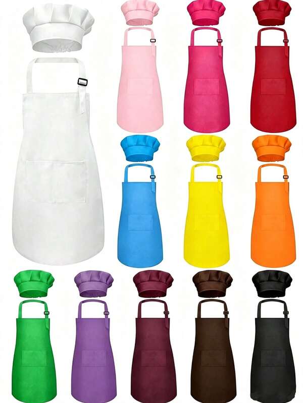 Children's Apron And Chef Hat Set (1pc), Apron With 2 Pockets For Boys And Girls, Adjustable Design, Suitable For Cooking, Classroom, Baking, Painting, Crafting, BBQ, DIY, Party And More, Fits Ages 6 To 13