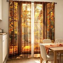 2pcs Autumn Forest Landscape Printed Window Curtains, Nature Tree Scenery Design, Light Filtering Polyester Rod Pocket Curtains For Bedroom Living Room Home Decor - Multicolor - View 7