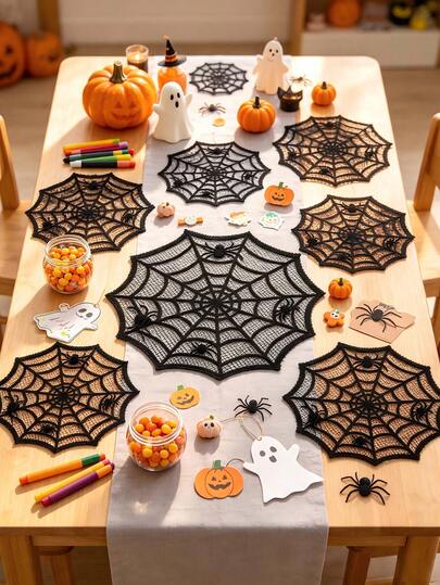 4/2/1pc Black Spider Web Placemats, Halloween Party Table Decor, Happy Halloween Decoration, Ghost Festival Decor, Trick Or Treat Decoration, Spooky Tableware, Spider Web Pattern Decor, Holiday Tabletop Accessories, Restaurant Decor, Halloween Decoration