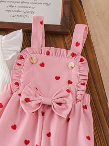 Baby Girls Heart-Shaped Overall Set 2pcs, Inner Layer Vertical Ribbed Flutter Sleeve Long Sleeve Undershirt Soft Skin-Friendly + Pink Corduroy Overall Pants With All-Over Heart Print, Lace Placket With Large Bow Decor, Adjustable Button Shoulder Strap Design, Sweet And Gentle For Daily Wear, Photos, Toddler Spring/Autumn Preppy Style Children's Clothing - Pink - View 7