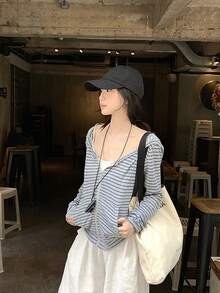 Women's Slouchy Striped Zipper Long Sleeve Hooded Cover Up Jacket, Short Length Sun Protection Cover-Up Top - Grey - View 4