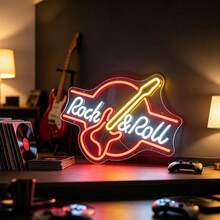 1 pieza Luz de neón LED con forma de guitarra Rock&Roll, adecuada para decoración de pared de bar de música, alimentada por USB, bajo voltaje, accesorio de pegatina de vidrio, base irrompible, sin sobrecalentamiento - Rojo, frío, blanco, amarillo limón - Ver 7