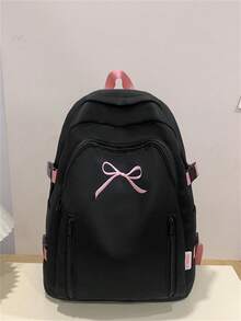 Dedoo Zipper Backpack, Bow Embroidery, Cherry Charm, Large Capacity, Student School Bag, College Campus, Sweet Korean Style Back To School Student Backpack - Black - View 4