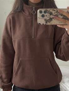 NOIRLYN Women's Basic Casual Half-Zip Stand Collar Sweatshirt, Loose Fit Kangaroo Pocket Long Sleeve Pullover Top, Autumn/Winter - Brown - View 6