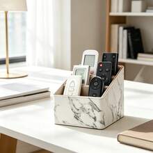 3-Compartment PU Leather Desktop Remote Controller Stand Organizer, Home Miscellaneous Storage Box, Phone Stationery TV Guide Mail Holder (White Marble) - Black and White - View 1