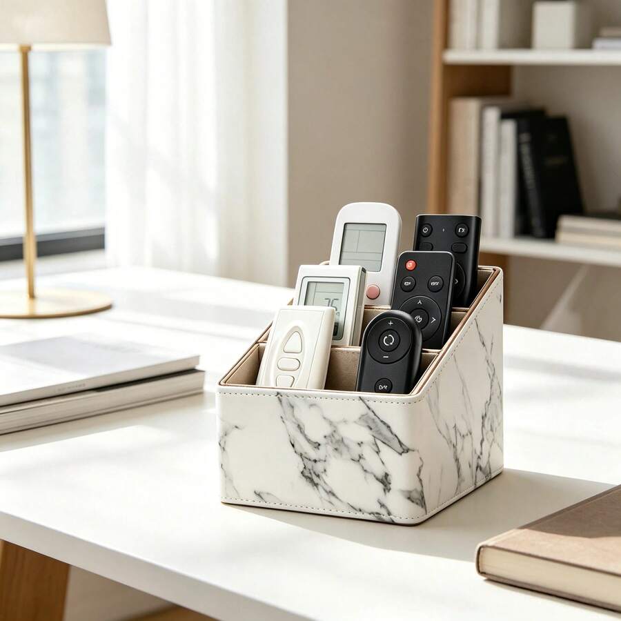 3-Compartment PU Leather Desktop Remote Controller Stand Organizer, Home Miscellaneous Storage Box, Phone Stationery TV Guide Mail Holder (White Marble) - Black and White - View 1