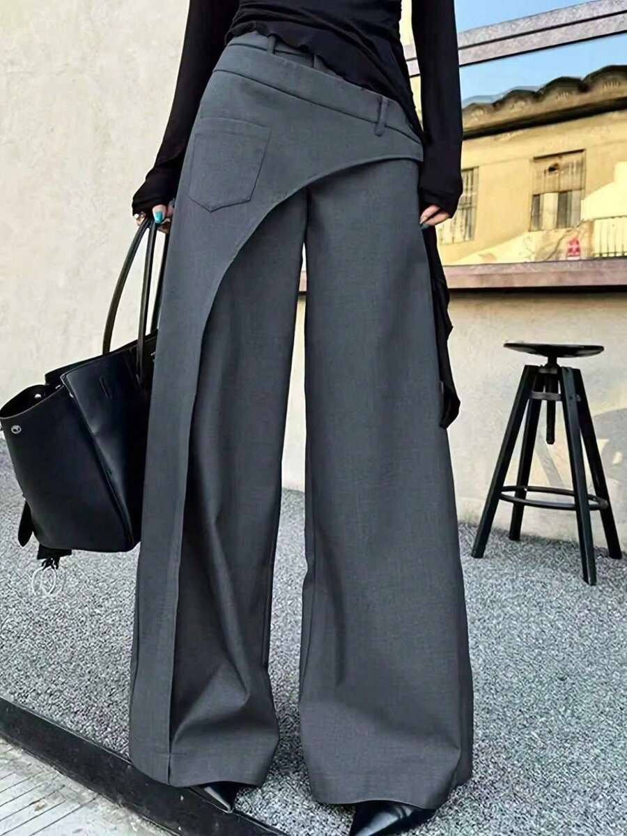 女款梭織布料寬腿褲,不對稱設計附口袋,高端結構剪裁微喇長褲,春季寬鬆垂墜休閒褲,適合辦公與專業穿著 - 灰色 - 查看 1