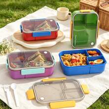 1pc Adult Large Capacity 3-Compartment Bento Lunch Box With Utensils, Spoon And Fork, Insulated Lunch Bag, Airtight Food Storage Container With Lid, Suitable For Meal Prep - Multicolor - View 5