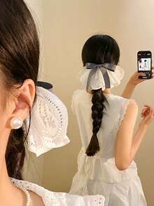 1pc Women's Grey Lace Bow Hair Claw Clip, Korean Style Preppy Ribbon Spring Hair Accessory - Grey - View 8