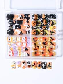 96pcs Y2K Style (Pumpkin, Bat, Spider, Spider Web, Castle, Kitten) Halloween Cartoon Little Girl Press-On Artificial Nails, Full Coverage Short Kids Fake Nails Set, Girls Gift, Nail Art Decoration, Holiday Nail Set - Multicolor - View 4