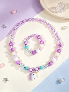 2pcs/Set Kids Unicorn Rainbow Beaded Necklace & Bracelet Set, Cute Cartoon Pendant Jewelry Gift For Girls, Suitable For Daily Wear And Holidays - one-size - View 1
