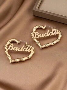 1 Pair Summer Vacation Vintage Gold Bamboo Knot Heart Hollow English Letter Hoop Earrings For Women - Yellow Gold - View 5