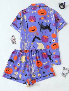 2pcs/Set Halloween Pumpkin Skull Cat Short Sleeve Collared Top And Bowknot Shorts Women's Pajama Set - Blue - View 2