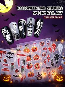 1Sheet Halloween Nail Art Stickers, 3D Self‑Adhesive Nail Decals, Ghost Skull Pumpkin Bloody Handprint Bat Gothic Horror Design, Fall Nails Decor, Halloween Press On Nail Accessories, DIY Manicure Supplies For Women Girls Nail Tech - Multicolor - View 2