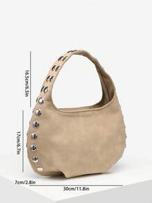 1pc Women's Vintage Rivet Faux Suede Pleated Crescent Shoulder Bag, Suitable For Street, Date, Commute - Khaki - View 8